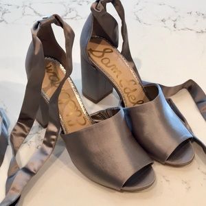 Grey Satin Tie Wrap Block Heel